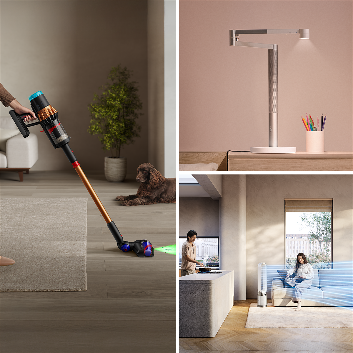 Picture of Dyson vacuum, light, and fan.